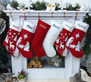 CHRISTMAS STOCKINGS Nativity Christmas Stocking Red and White Silent Night Deer Ruffle and Chain Stitched Stockings Embroidered or with Cutout Wood Name Tag Christmas Stockings