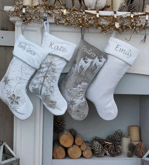 CHRISTMAS STOCKINGS Personalized Christmas Stockings - Silver White Velvet 20" with ICE crystal gems Christmas Stocking Embroidered with Names Velvet Stockings