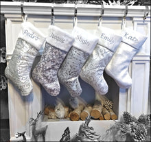 CHRISTMAS STOCKINGS Personalized Elegant Silver White Christmas Stockings - 20" Silver Glitter or Sequin and Satin Velvet Christmas Stocking Monogram Names