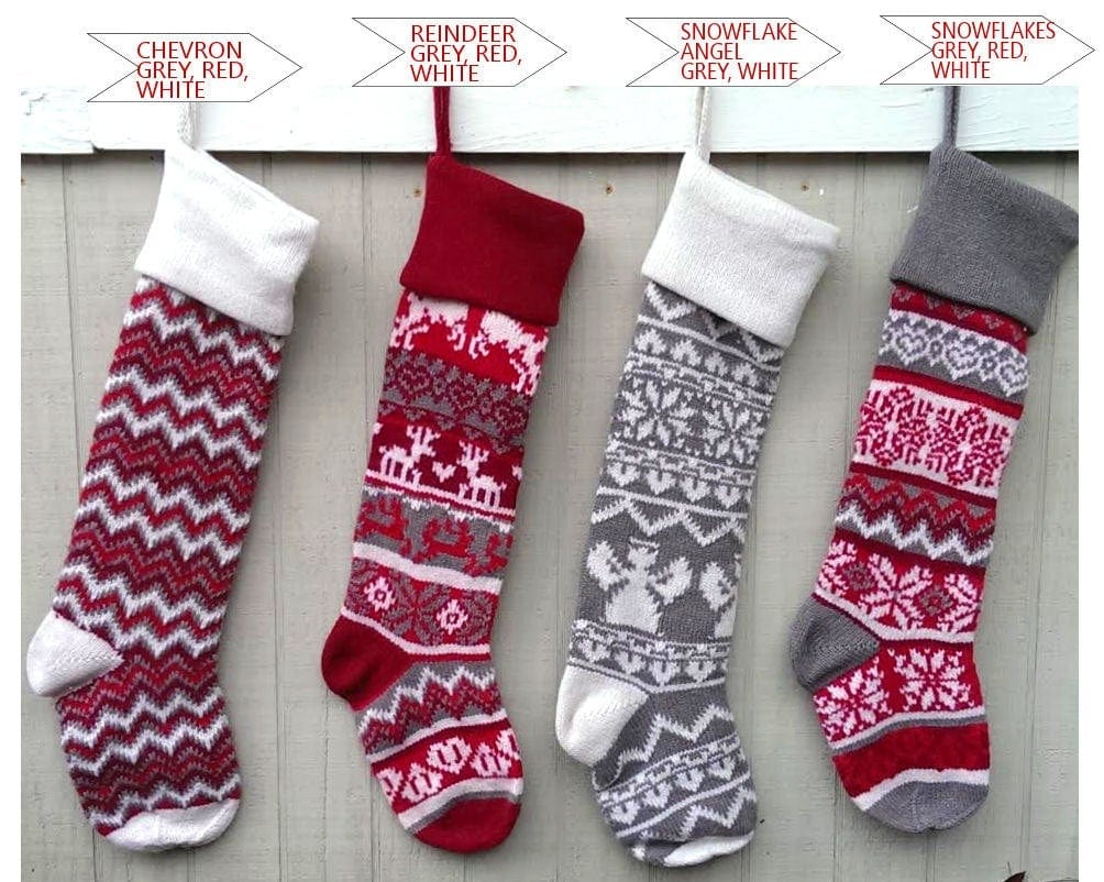 Personalized Large 28 Knitted Christmas Stockings Red Grey White Intarsia  Fair Isle Nordic Modern Christmas Stockings for Holidays