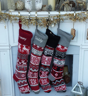 CHRISTMAS STOCKINGS Personalized Large 28" Knitted Christmas Stockings Red Grey White Intarsia Fair Isle Nordic Modern Christmas Stockings for Holidays