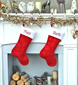 CHRISTMAS STOCKINGS Personalized Stocking - Etched Snowflake Red Velvet, Gorgeous Metallic Red Rope Trim, Name Custom Embroidered Christmas Stockings Holiday