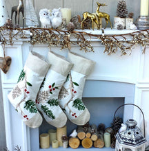 CHRISTMAS STOCKINGS PineCone Branch Down White Christmas Stockings Canvas Linen Natural Pine Cone Branch Elegant Rice Stitch Design Embroidered Rustic Woodland White Christmas Look