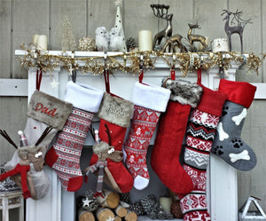 CHRISTMAS STOCKINGS Reindeer Fun & Reindeer Knit Christmas Stockings Red White Gray Scandinavian Nordic Knitted Holiday Theme Kids Adults Personalized Christmas