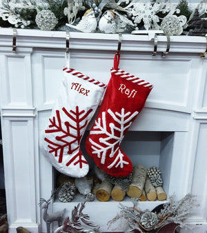 CHRISTMAS STOCKINGS Scandinavian Large 23" Personalized Christmas Stocking Christmas Snowflake Modern Minimalist Red White Candy Cane Stripes