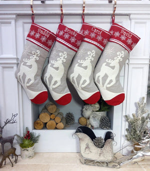 CHRISTMAS STOCKINGS Scandinavian Personalized Stocking Tufted Deer With Snowflakes Embroidered or with Cutout Wood Name Tag Christmas Stockings Family Xmas 2022