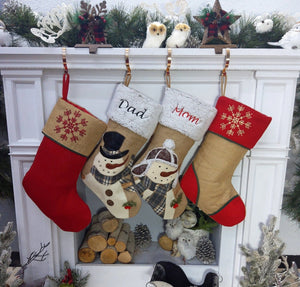 CHRISTMAS STOCKINGS Snowman Burlap and Cozy Knit Stockings Personalized Embroidered or with Cutout Wood Name Tag Christmas Stockings Family Xmas 2022