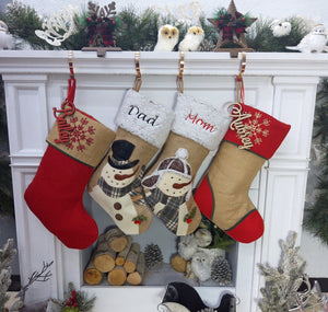 CHRISTMAS STOCKINGS Snowman Burlap and Cozy Knit Stockings Personalized Embroidered or with Cutout Wood Name Tag Christmas Stockings Family Xmas 2022
