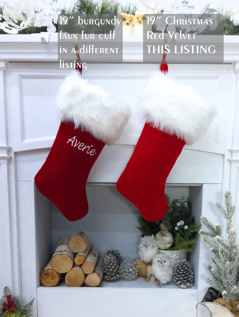 Traditional Red with Faux Fur Christmas Stockings Personalized Embroidered  or Christmas Name Tags Matching Set Family Kids Adults Men Women