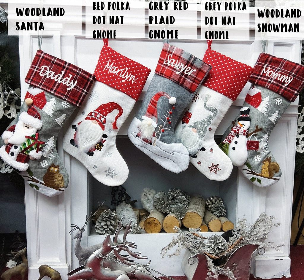 Woodland Santa Snowman Gnomes Personalized Christmas Stockings Buffalo  Check Owl Squirrel Red Barn for Kids and Family Holidays 2022