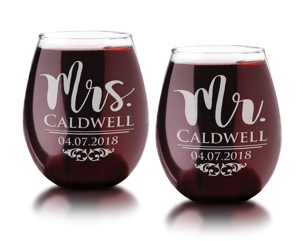 Mr and Mrs Personalized Wine Glasses Etched Wedding Wine Glasses