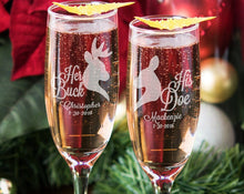 COUPLES GIFTS Buck and Doe Personalized Wedding Engagement Champagne Glass Gift, Set of 2 Custom Engraved Bride Groom Champagne Flutes, Toasting Glasses