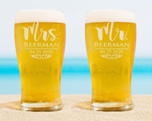 COUPLES GIFTS Custom Etched Mr Mrs Beer Glasses Set of 2 Pub 50th Wedding Anniversary Dad Mom Bride Groom Soon to Be Newly Engaged Rustic Couples Gift