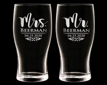 COUPLES GIFTS Custom Etched Mr Mrs Beer Glasses Set of 2 Pub 50th Wedding Anniversary Dad Mom Bride Groom Soon to Be Newly Engaged Rustic Couples Gift