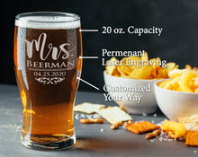 COUPLES GIFTS Custom Etched Mr Mrs Beer Glasses Set of 2 Pub 50th Wedding Anniversary Dad Mom Bride Groom Soon to Be Newly Engaged Rustic Couples Gift