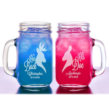 COUPLES GIFTS Her Buck His Doe Mason Jar Wedding Glasses Personalized Mug Handle Engraved Buck and Doe Barn Hunter Country Anniversary Engagement Set of 2