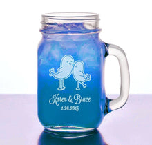 COUPLES GIFTS Love Birds Wedding Gift Idea Engraved Mason Jar 16oz Personalized Mug Present for Boyfriend, Couples Husband, Wife, Engagement Set of 2 Mugs
