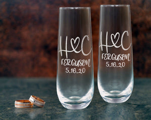 COUPLES GIFTS Monogrammed Initials Couples Gift Husband Wife His Her Set of 2 Champagne Wine Glass Engraved Glassware Renew Vows 25th Wedding Anniversary