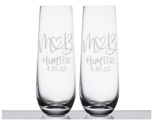 COUPLES GIFTS Monogrammed Initials Couples Gift Husband Wife His Her Set of 2 Stemless Champagne Engraved Glassware Renew Vows 25th Wedding Anniversary