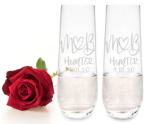 COUPLES GIFTS Monogrammed Initials Couples Gift Husband Wife His Her Set of 2 Stemless Champagne Engraved Glassware Renew Vows 25th Wedding Anniversary