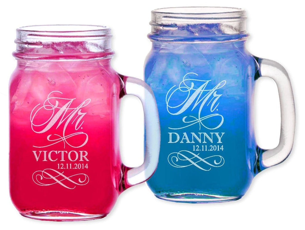 Etched Mason Jar Toasting Glasses Mr & Mrs