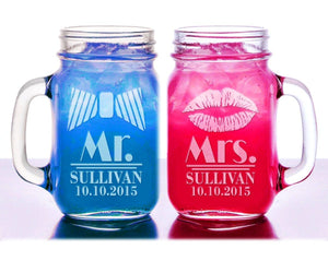 COUPLES GIFTS Mr and Mrs Bow Tie Lips Set of 2 Mason Jars Engraved Party Favor Bachelorette Gift Idea Wedding Anniversary Bowtie Lip Couple Mugs Present