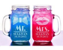 COUPLES GIFTS Mr and Mrs Bow Tie Lips Set of 2 Mason Jars Engraved Party Favor Bachelorette Gift Idea Wedding Anniversary Bowtie Lip Couple Mugs Present