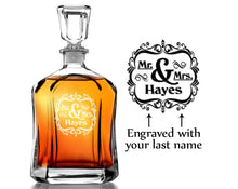 COUPLES GIFTS Mr. and Mrs. Newlywed Couples Personalized  Engraved Glass Decanter For Wife Husband Just Married  Bride Groom Liquor Decanter Wedding Gift