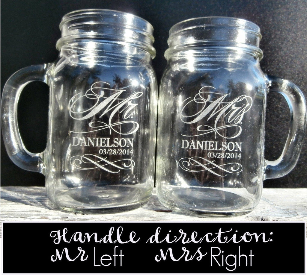 Set of 2 Mr and Mrs Personalized Mason Jar Glasses - Engraved Custom