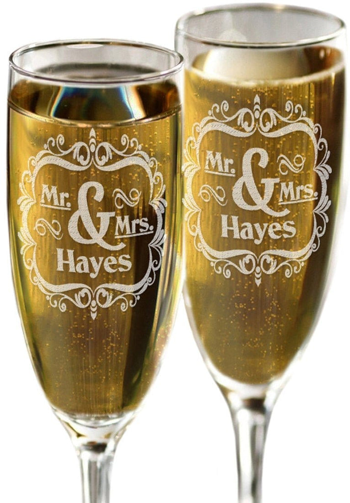 Mr. and Mrs. Personalized Champagne Estate Glasses, Set of 2 Couple gifts  by Colin Supple