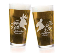 COUPLES GIFTS Persaonzlied His Buck Her Doe Engraved Pint Pub Glasses for Country Wedding Favor Beer Mug, Anniversary, Engagement Gift for Groom, Bride