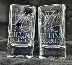 COUPLES GIFTS Set of 2 Personalized Wedding Shot Glasses Wedding Gifts Custom Engraved MR & MRS Last Name and a Wedding Date Shot Glass Set Newlywed Gifts