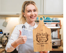 Custom Cutting Boards The Hunt is Over Rustic Paddle Engraved Cutting Board Personalize Country Wedding Gift for Newlyweds Cute Quote Married Wife Husband to Be