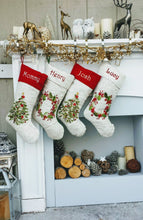 CHRISTMAS STOCKINGS Embroidered Christmas Stockings Heirloom Linen Designer Embellished Christmas Tree Wreath White Ribbon Beads Stocking