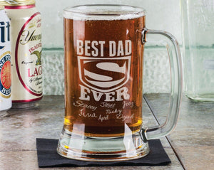 FOR DAD & GRANDPA Best DAD Ever Fathers Day Beer Mug 16 Oz Engraved Father's Day Birthday Gift Super Dad with Kids Names Gift for Dad, Daddy, Father, Grandpa