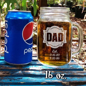 FOR DAD & GRANDPA DAD Fathers Day Gift Idea Engraved Mason Jar Mug 16 Oz Personalized Drinking Glass Etched Gift for Father Grandpa Kids Birth Dates