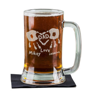 FOR DAD & GRANDPA DAD Handprints Heart 16Oz Personalized Beer Mug Etched with Kids Names Father's Day Gift for Dad Daddy Pop from Son Daugther Father Present