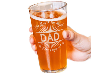 FOR DAD & GRANDPA The Man The Myth The Legend Personalized Pub Glass Engraved Macho Man Husband The Legend Has Retired Man Cave for Him Grandpa Big Brother