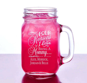 FOR MOM & GRANDMA Reasons I love being Mommy Christmas Gift Birthday Gift Idea from Son Daughter Kids 16 Oz Mason Jar Mug Custom Egnraved Love Personalized
