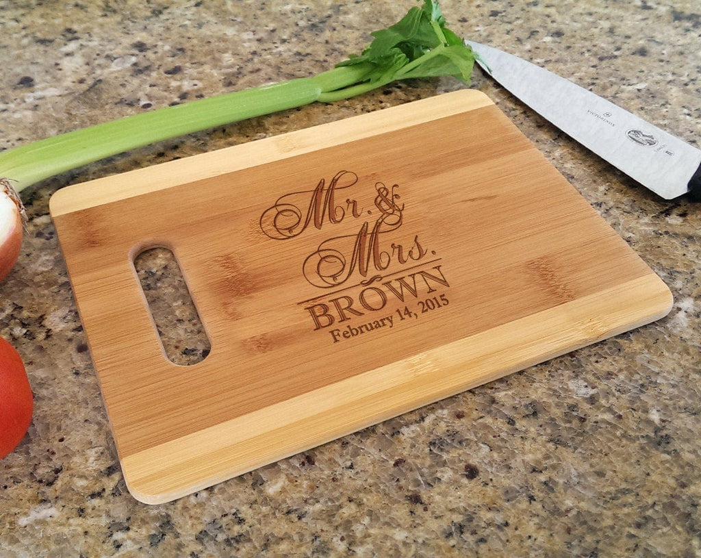 Customizable Newly Wed Family Name Bamboo Cutting Board | 11.375x8.625, PlaqueMaker