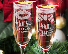 Mrs Mr Personalized Lips Tie Set of 2 Custom Champagne Flutes, Wedding Gift, Bride Groom Champagne Glasses, Laser Engraved with Name & Date - Stocking Factory