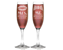 Mrs Mr Personalized Lips Tie Set of 2 Custom Champagne Flutes, Wedding Gift, Bride Groom Champagne Glasses, Laser Engraved with Name & Date - Stocking Factory