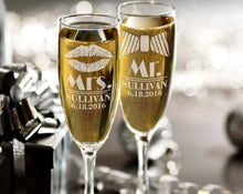 Mrs Mr Personalized Lips Tie Set of 2 Custom Champagne Flutes, Wedding Gift, Bride Groom Champagne Glasses, Laser Engraved with Name & Date - Stocking Factory
