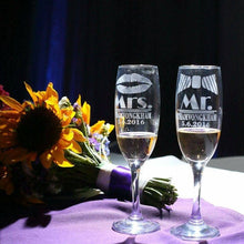 Mrs Mr Personalized Lips Tie Set of 2 Custom Champagne Flutes, Wedding Gift, Bride Groom Champagne Glasses, Laser Engraved with Name & Date - Stocking Factory