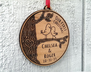 CHRISTMAS ORNAMENTS Our First Christmas Together Ornament Love Birds Heart Customized Christmas Couples Gift Ornament Lover Personalized Names Date Tree Trunk