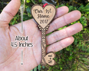 CHRISTMAS ORNAMENTS Our NEW Home Key House Custom Ornament Couples Housewarming Home Decor Personalized Wood Key Ornament First Christmas in Our New Home Gift