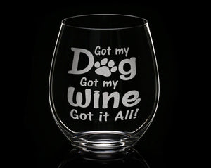 PET GIFTS Custom Dog Mom New Christmas Puppy Gift Funny Dog Lover Stemless Wine Glass Laser Etched Glassware Got my Dog Got my Wine Rescue Adoption