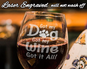 PET GIFTS Custom Dog Mom New Christmas Puppy Gift Funny Dog Lover Stemless Wine Glass Laser Etched Glassware Got my Dog Got my Wine Rescue Adoption