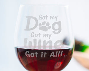 PET GIFTS Custom Dog Mom New Christmas Puppy Gift Funny Dog Lover Stemless Wine Glass Laser Etched Glassware Got my Dog Got my Wine Rescue Adoption