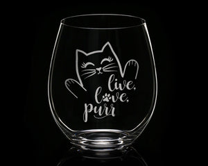 PET GIFTS Live Love Purr Cat Wine Glass Cat Lady Gifts for Cat Lover Rescue Animal Owner Pet Mom Dad Stemless Engraved Birthday for Sister Wife Gift